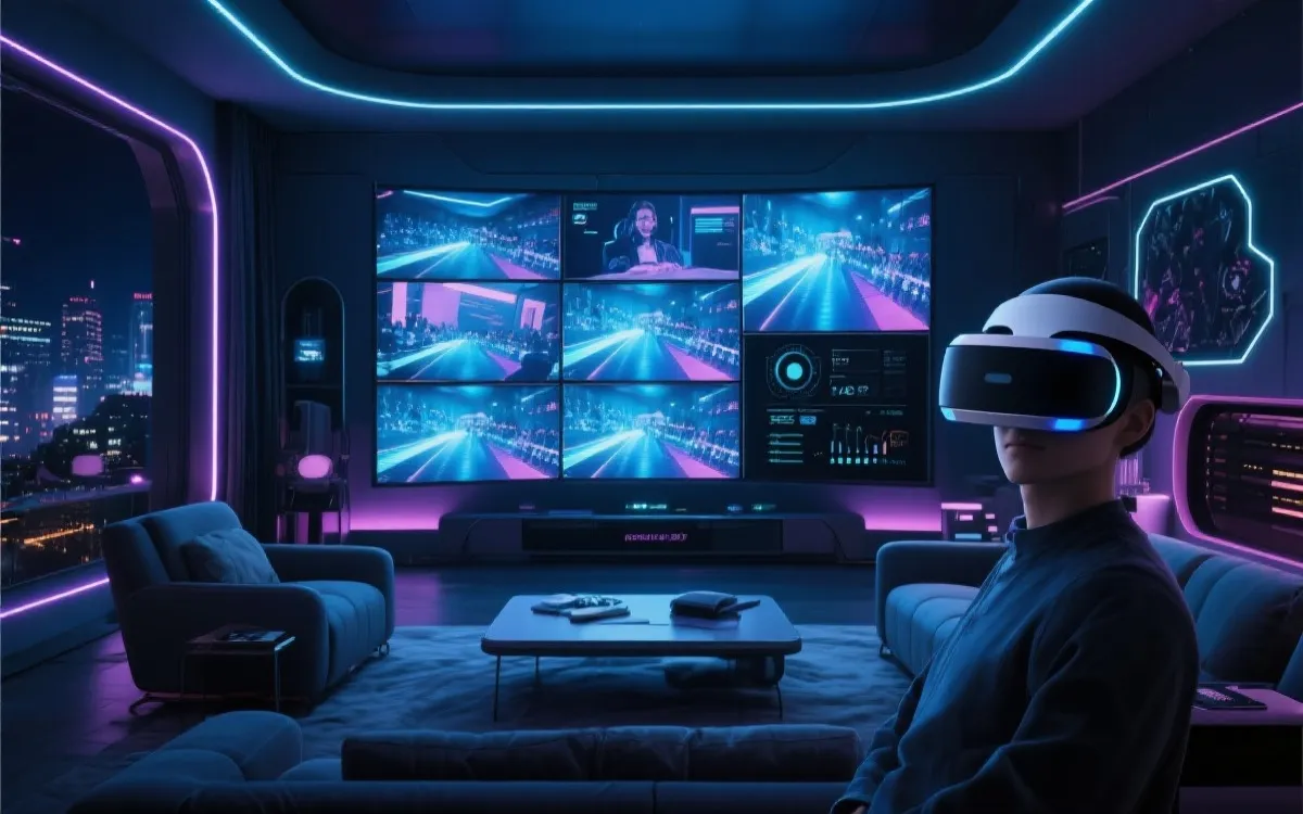 未来客厅沉浸式观赛：大屏多视角、VR 头显、实时数据叠加