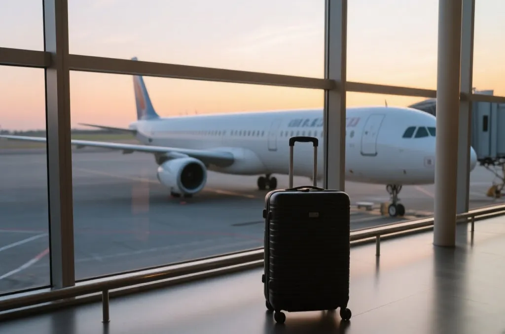 現代化機場航廈窗外的飛機與旅客行李箱，象徵出發觀賽