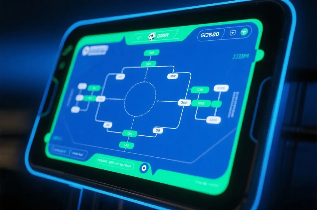 Digital tactics board showing soccer tournament bracket and groups with glowing interface